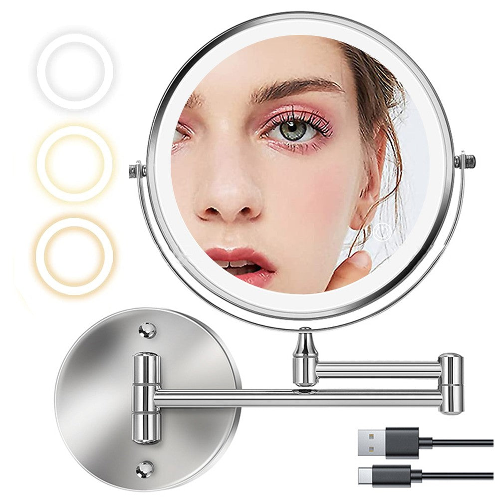 10X Magnification Wall Mounted Makeup Mirror Extendable Double-Sided Vanity Mirror with LED Light