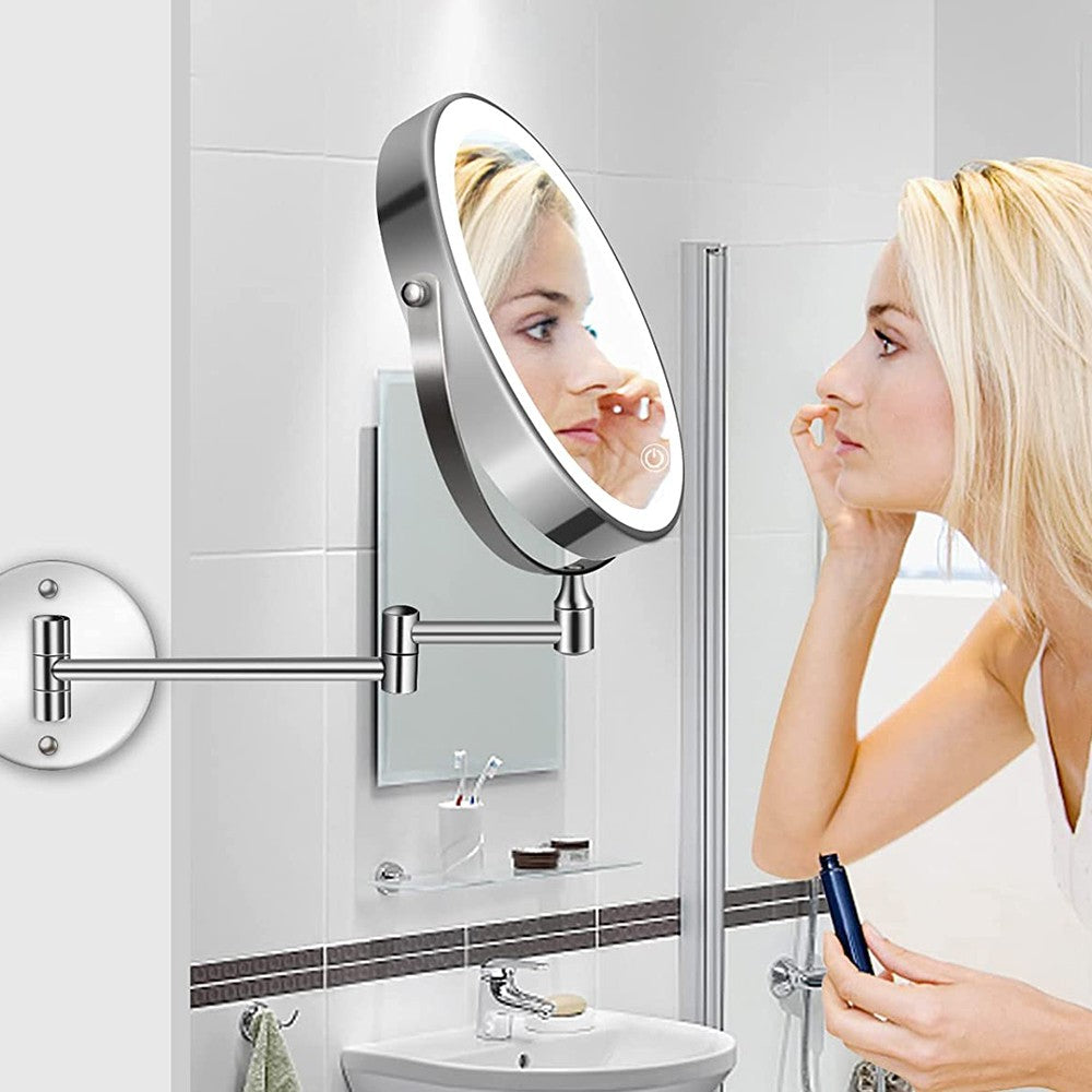 10X Magnification Wall Mounted Makeup Mirror Extendable Double-Sided Vanity Mirror with LED Light