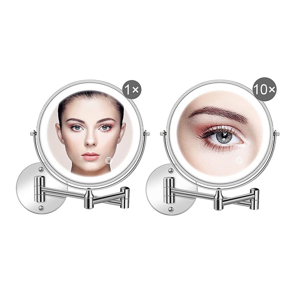 10X Magnification Wall Mounted Makeup Mirror Extendable Double-Sided Vanity Mirror with LED Light