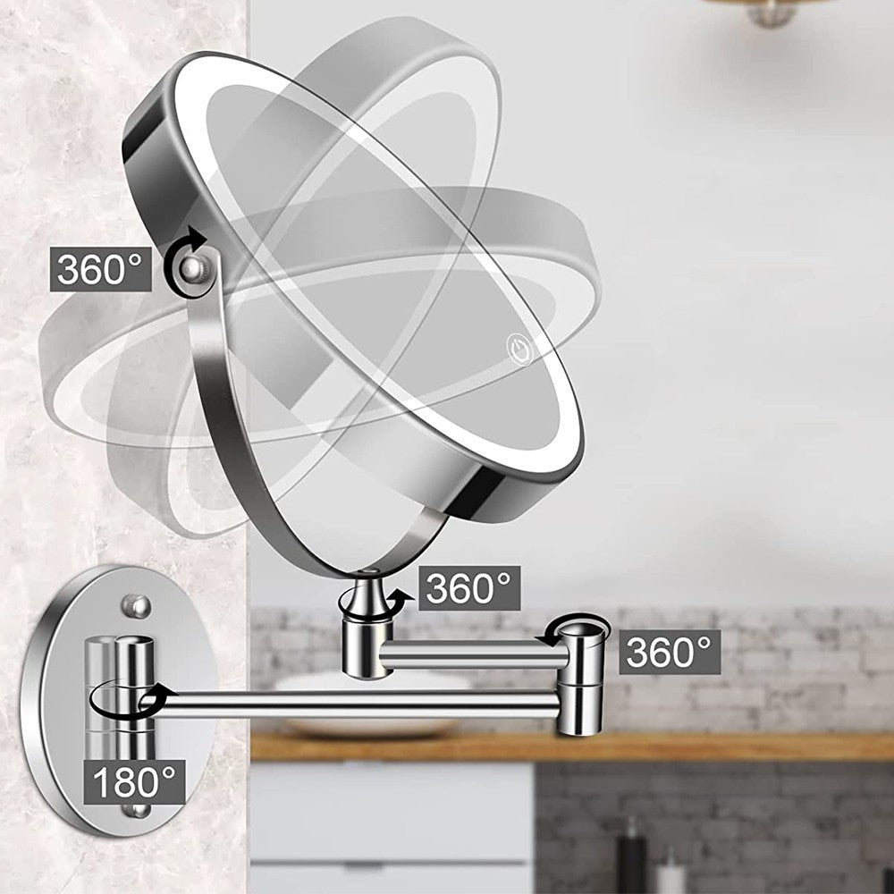 10X Magnification Wall Mounted Makeup Mirror Extendable Double-Sided Vanity Mirror with LED Light