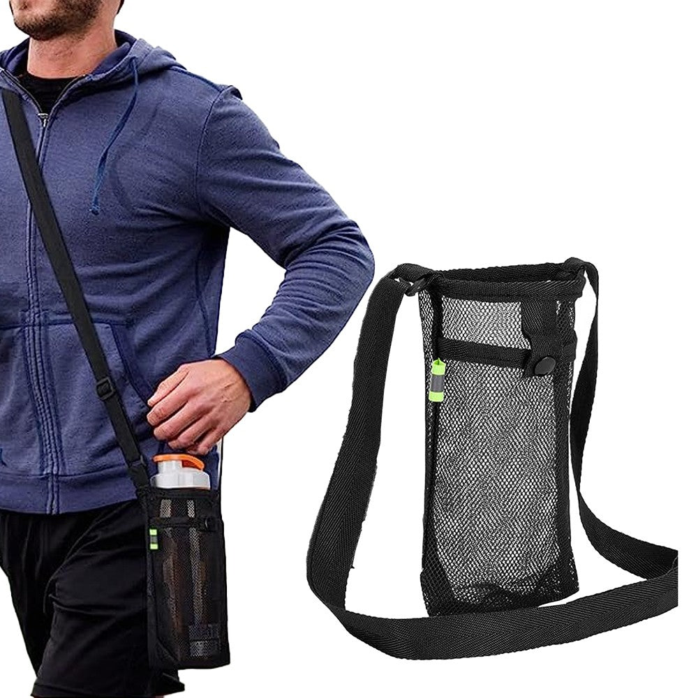 Portable Water Bottle Mesh Carrier Bag Water Bottle Holder with Adjustable Shoulder Strap Black