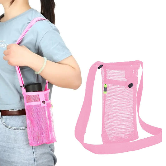 Portable Water Bottle Mesh Carrier Bag Water Bottle Holder with Adjustable Shoulder Strap Pink
