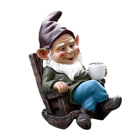 Drinking Coffee Garden Gnome Statue Figurine Ornament Indoor Outdoor Decoration