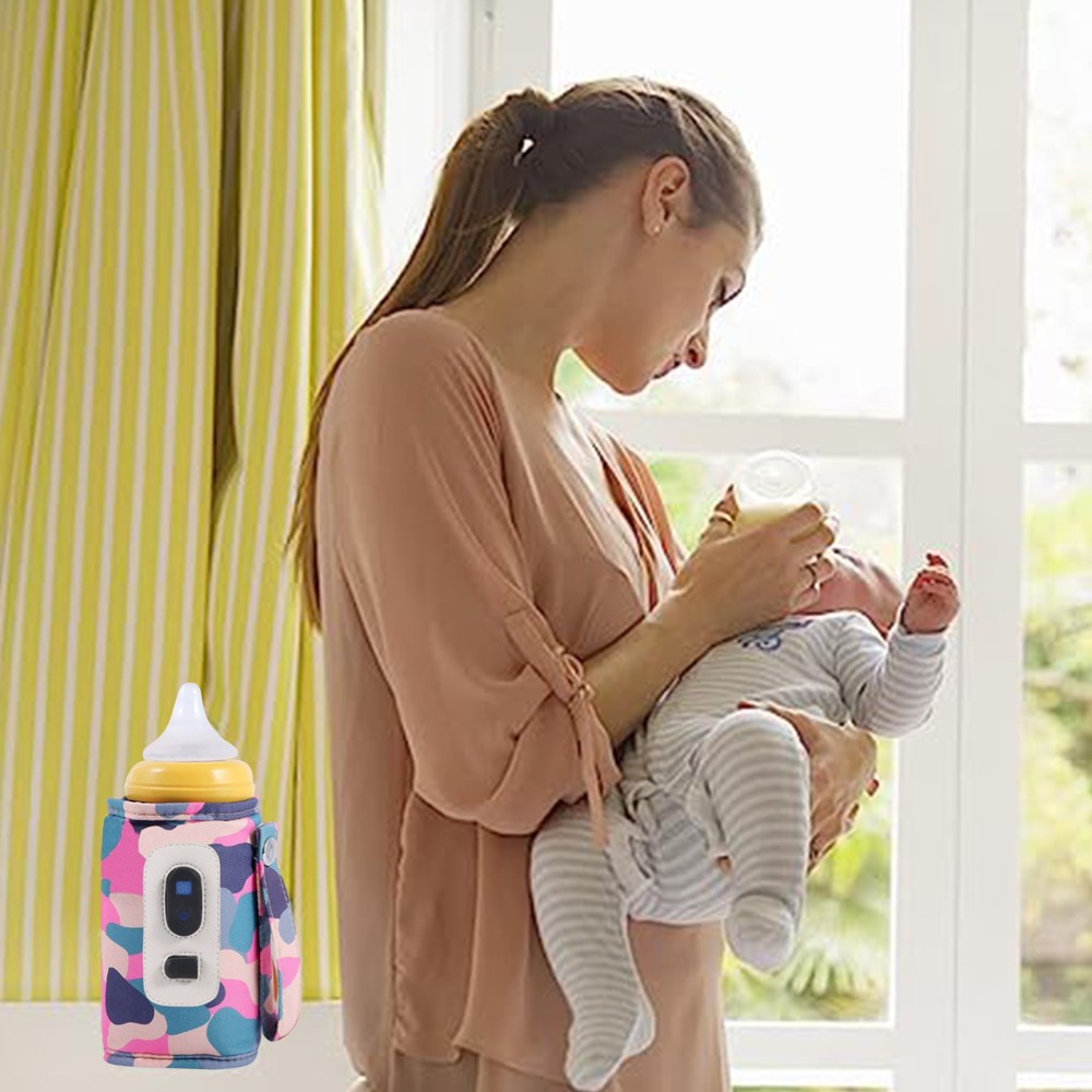 Digital Display USB Baby Bottle Warmer Milk Heat Keeper Bag Thermostat Pouch Camo Pink
