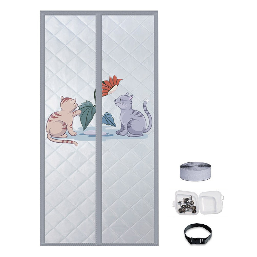 Magnetic Thermal Insulated Door Curtain Thicken Temporary Magnet Closure Door Cover Ligh Grey with Cats Print