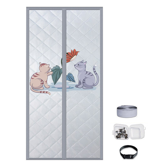 Magnetic Thermal Insulated Door Curtain Thicken Temporary Magnet Closure Door Cover Ligh Grey with Cats Print