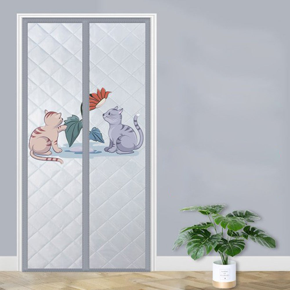 Magnetic Thermal Insulated Door Curtain Thicken Temporary Magnet Closure Door Cover Ligh Grey with Cats Print