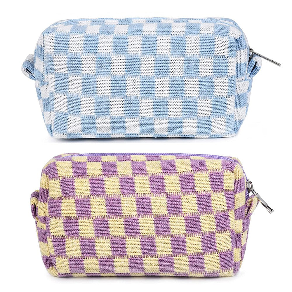 2 Pieces Checkered Makeup Bags Cosmetic Bag Travel Makeup Brushes Storage Bag S Purple+Blue