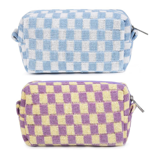 2 Pieces Checkered Makeup Bags Cosmetic Bag Travel Makeup Brushes Storage Bag S Purple+Blue