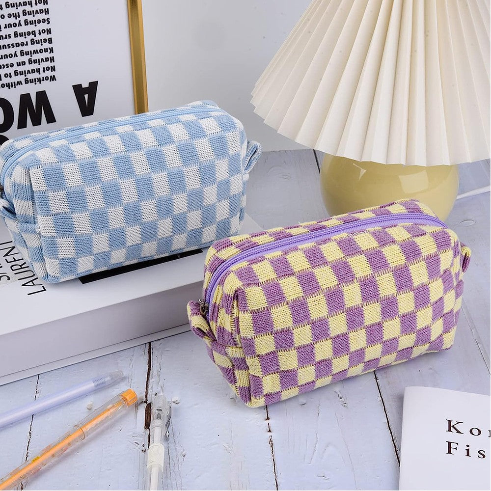 2 Pieces Checkered Makeup Bags Cosmetic Bag Travel Makeup Brushes Storage Bag S Purple+Blue