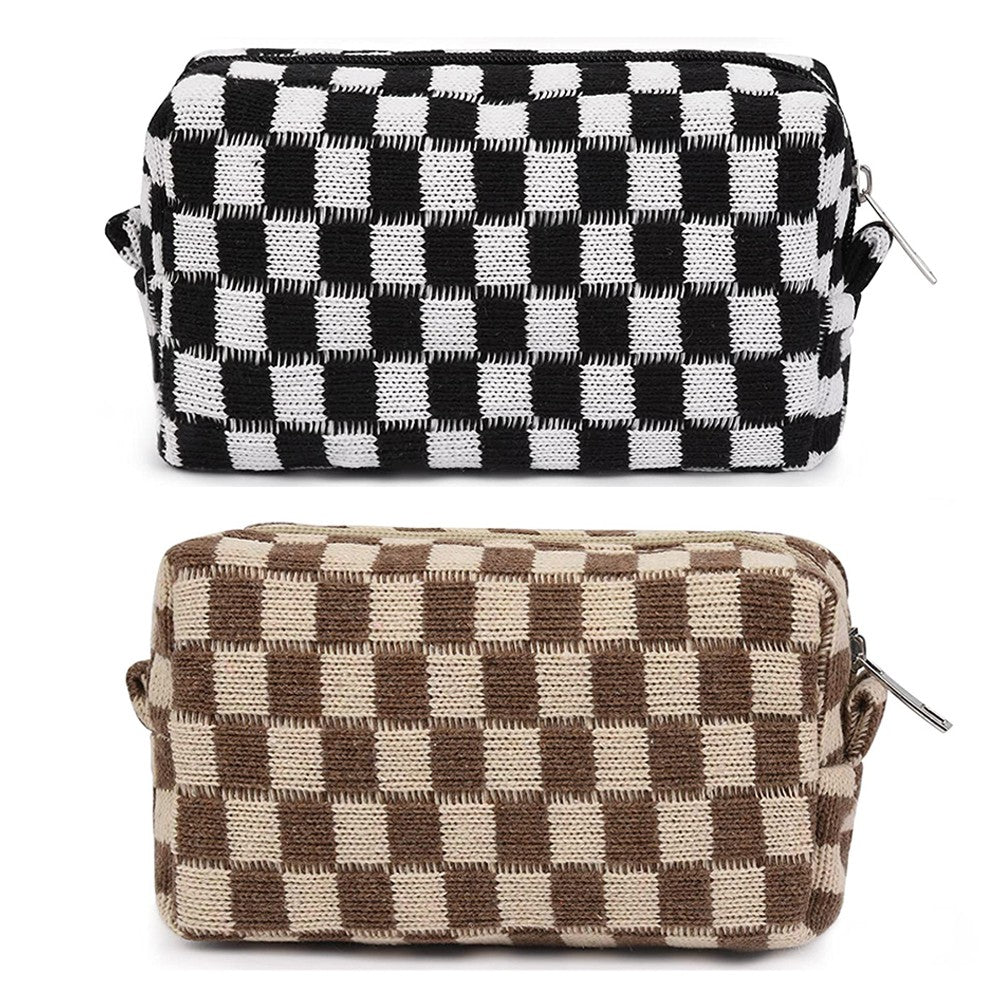 2 Pieces Checkered Makeup Bags Cosmetic Bag Travel Makeup Brushes Storage Bag S Black+Brown
