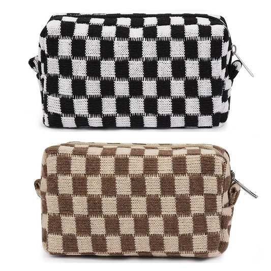 2 Pieces Checkered Makeup Bags Cosmetic Bag Travel Makeup Brushes Storage Bag S Black+Brown