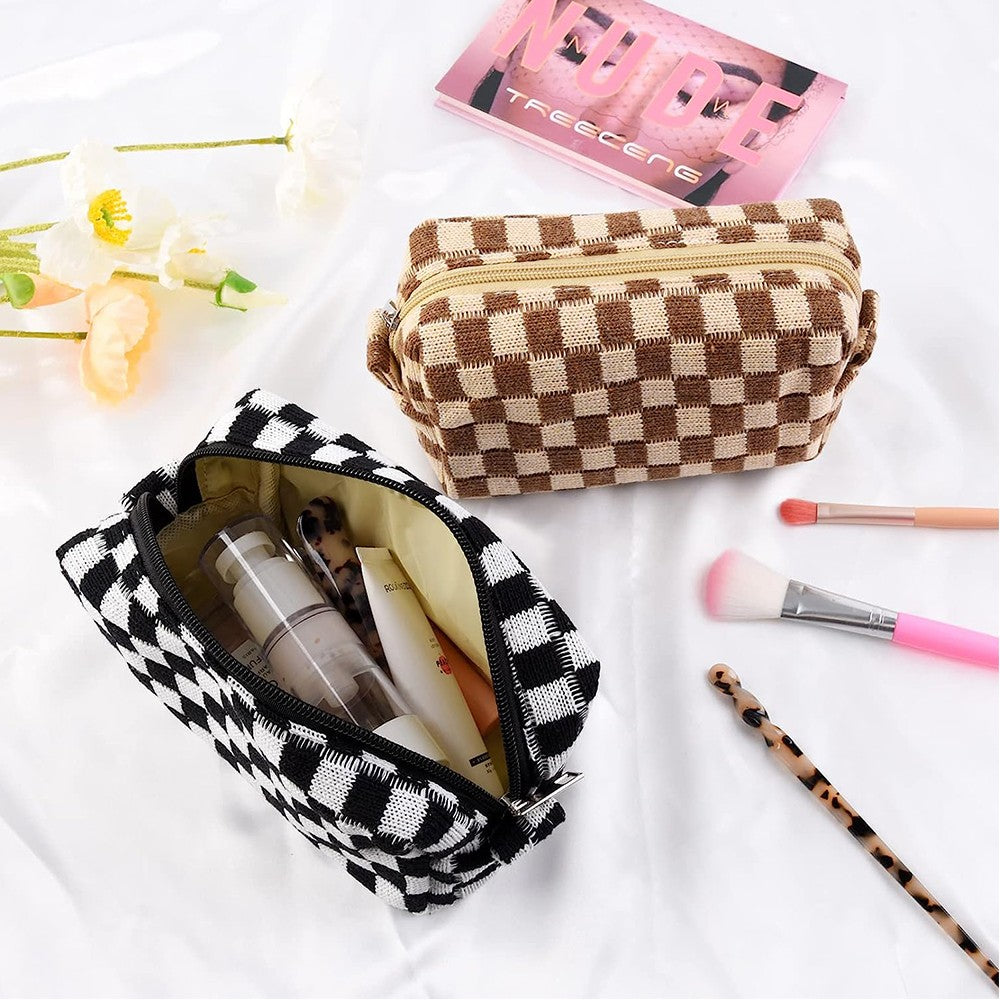 2 Pieces Checkered Makeup Bags Cosmetic Bag Travel Makeup Brushes Storage Bag S Black+Brown