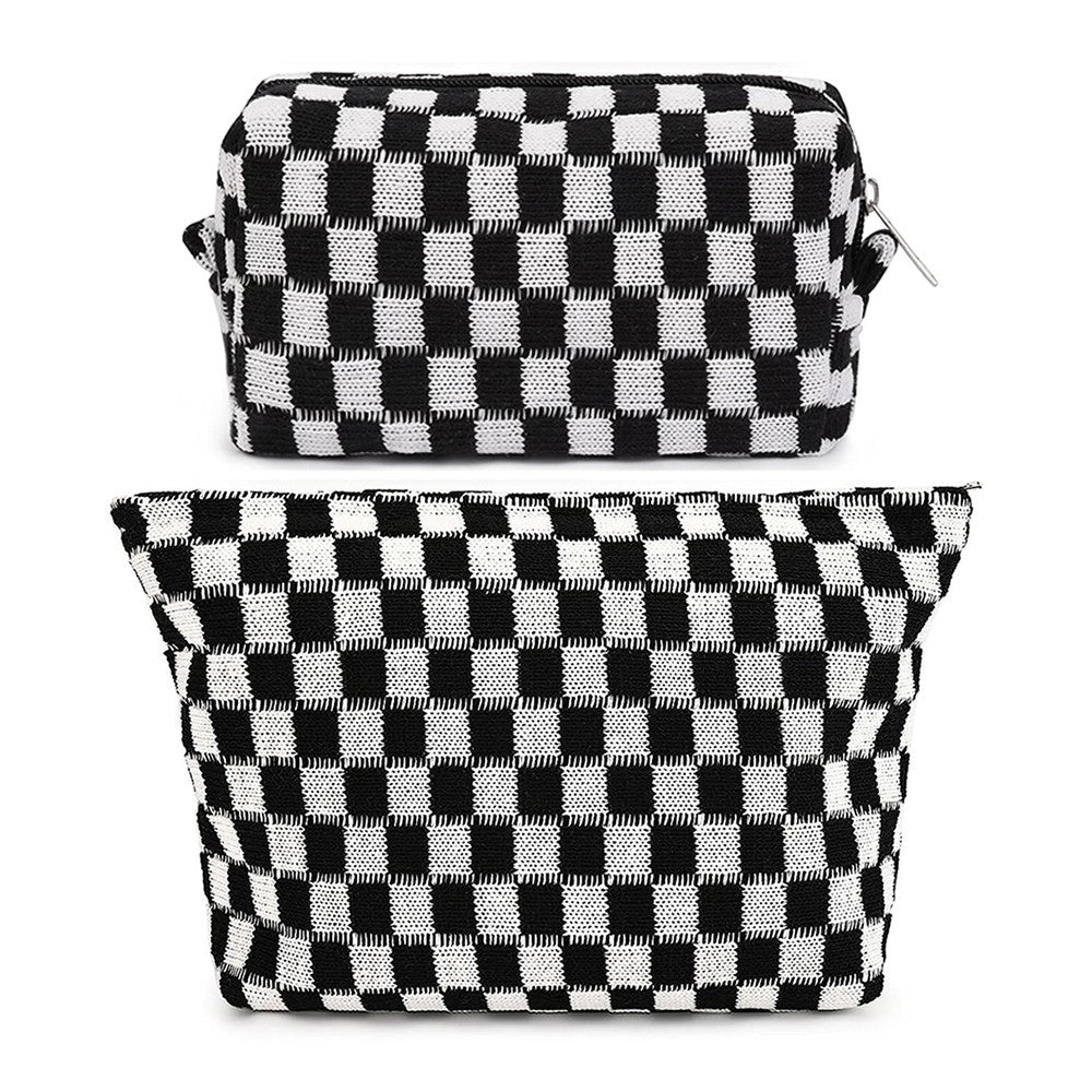 2 Pieces Checkered Makeup Bags Cosmetic Bag Travel Makeup Brushes Storage Bag S+M Black