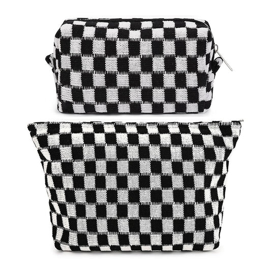 2 Pieces Checkered Makeup Bags Cosmetic Bag Travel Makeup Brushes Storage Bag S+M Black