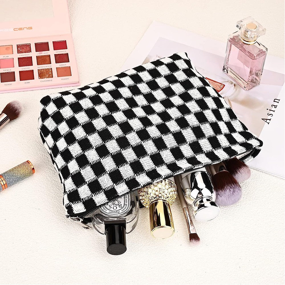 2 Pieces Checkered Makeup Bags Cosmetic Bag Travel Makeup Brushes Storage Bag S+M Black