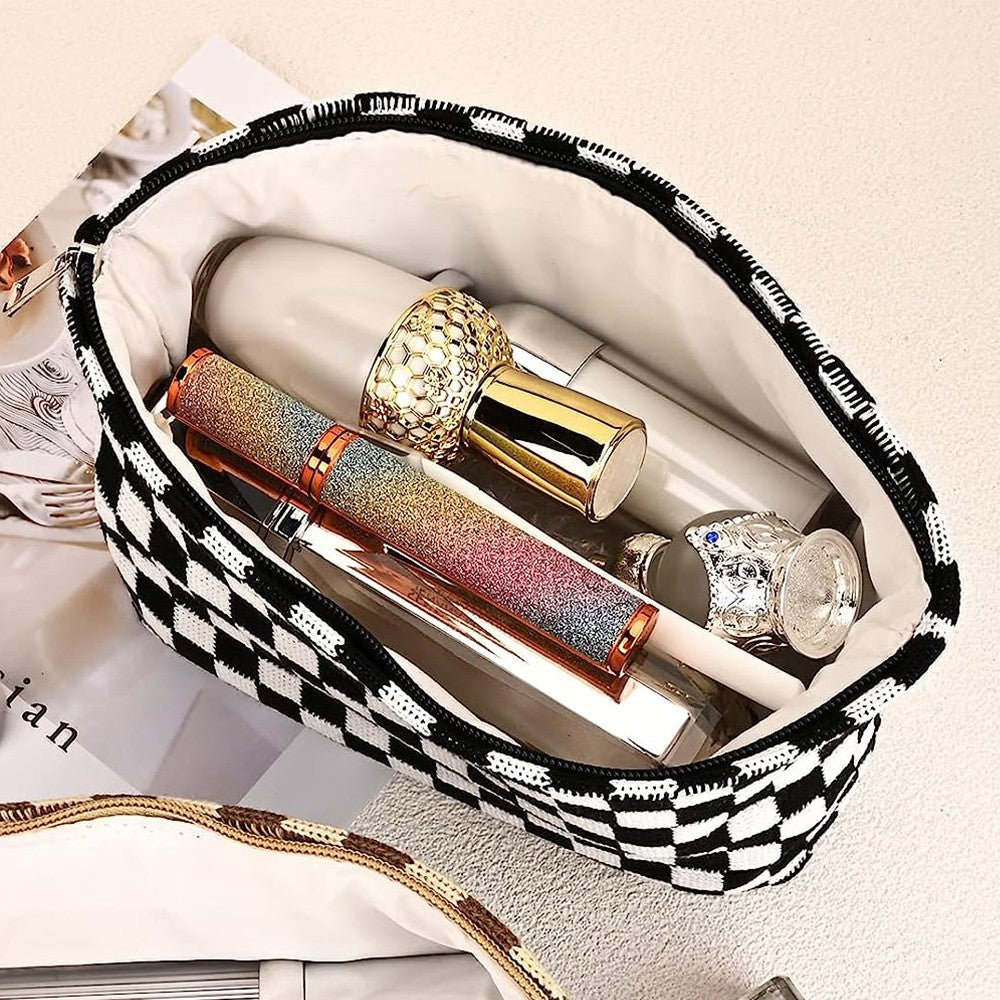 2 Pieces Checkered Makeup Bags Cosmetic Bag Travel Makeup Brushes Storage Bag S+M Black