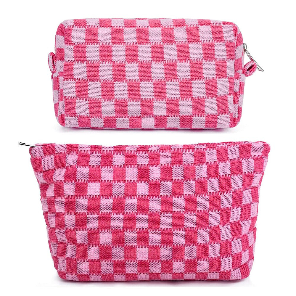 2 Pieces Checkered Makeup Bags Cosmetic Bag Travel Makeup Brushes Storage Bag S+M Pink