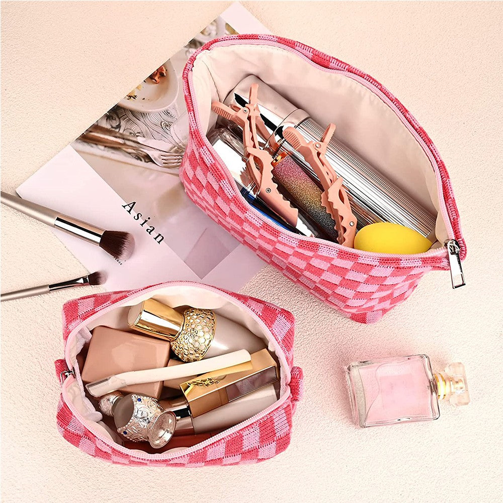 2 Pieces Checkered Makeup Bags Cosmetic Bag Travel Makeup Brushes Storage Bag S+M Pink