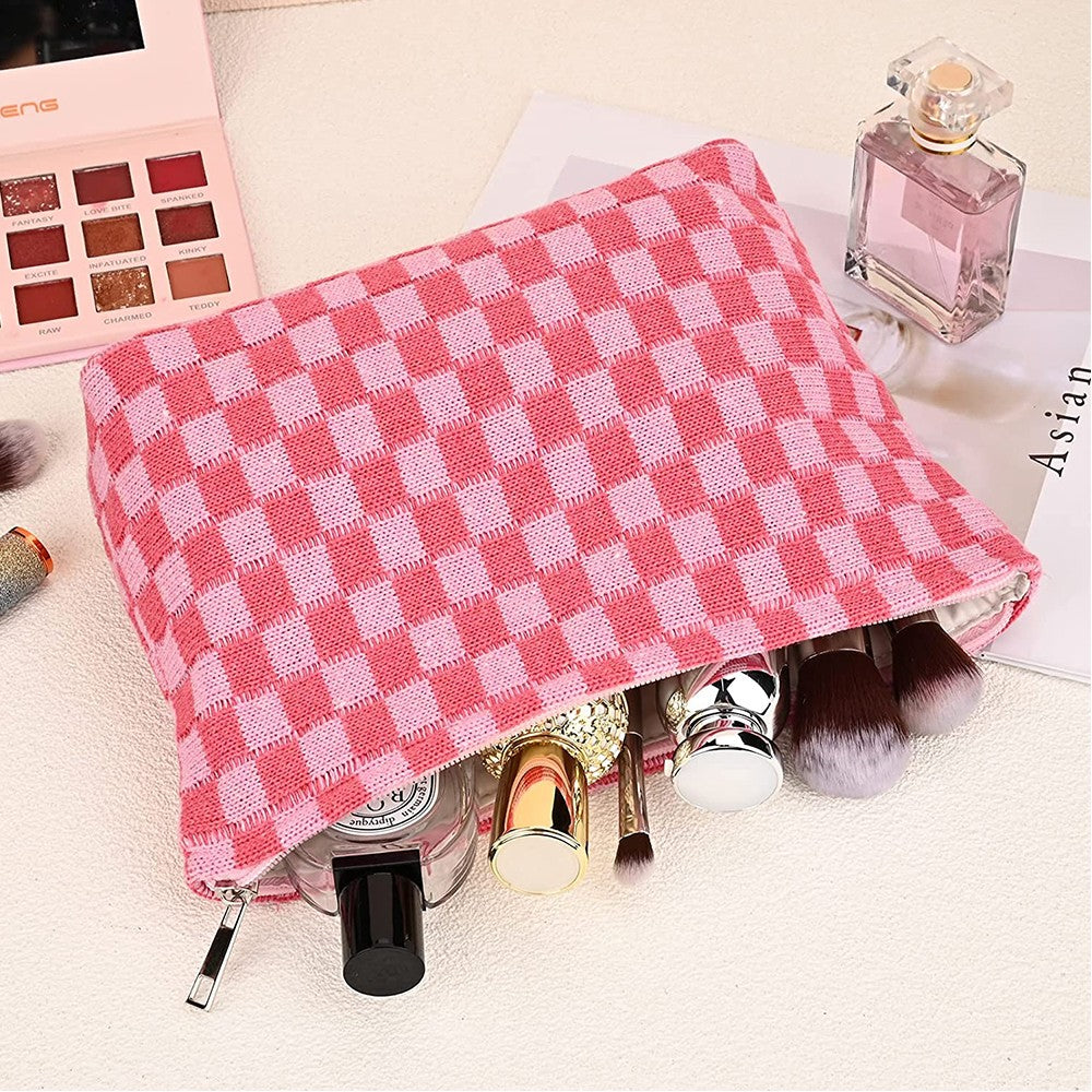 2 Pieces Checkered Makeup Bags Cosmetic Bag Travel Makeup Brushes Storage Bag S+M Pink