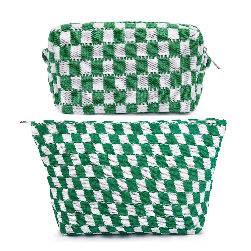 2 Pieces Checkered Makeup Bags Cosmetic Bag Travel Makeup Brushes Storage Bag S+M Green