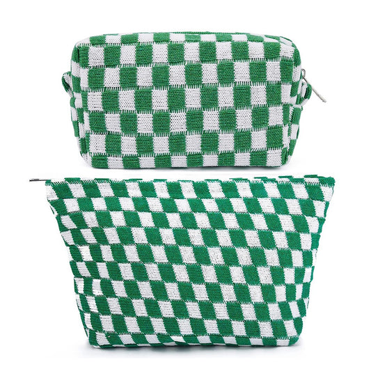 2 Pieces Checkered Makeup Bags Cosmetic Bag Travel Makeup Brushes Storage Bag S+M Green
