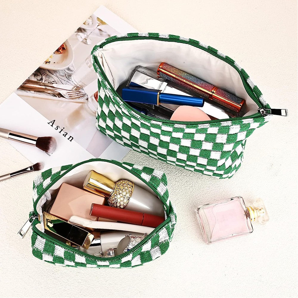 2 Pieces Checkered Makeup Bags Cosmetic Bag Travel Makeup Brushes Storage Bag S+M Green