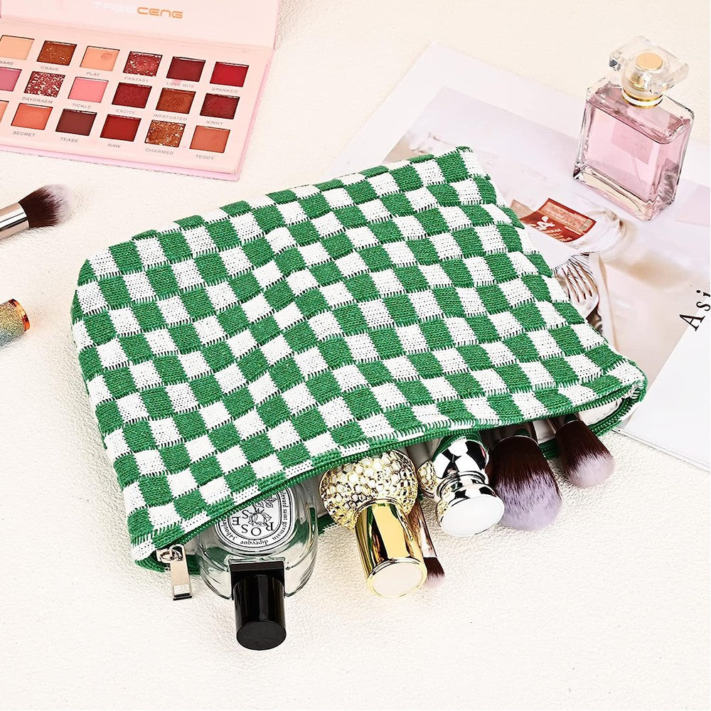 2 Pieces Checkered Makeup Bags Cosmetic Bag Travel Makeup Brushes Storage Bag S+M Green