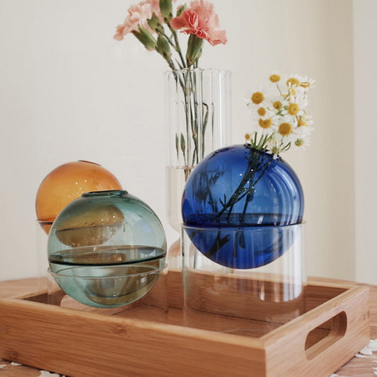 2Pcs Tabletop Glass Ball Vase Flower Planter Pot Terrarium Container Home Decoration Blue L + Lake Green S
