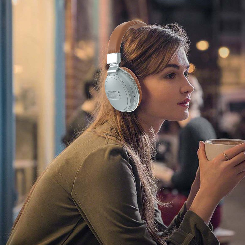 Bluetooth 5.0 Headset Wireless Earphones Rechargeable Headphones with Mic Brown