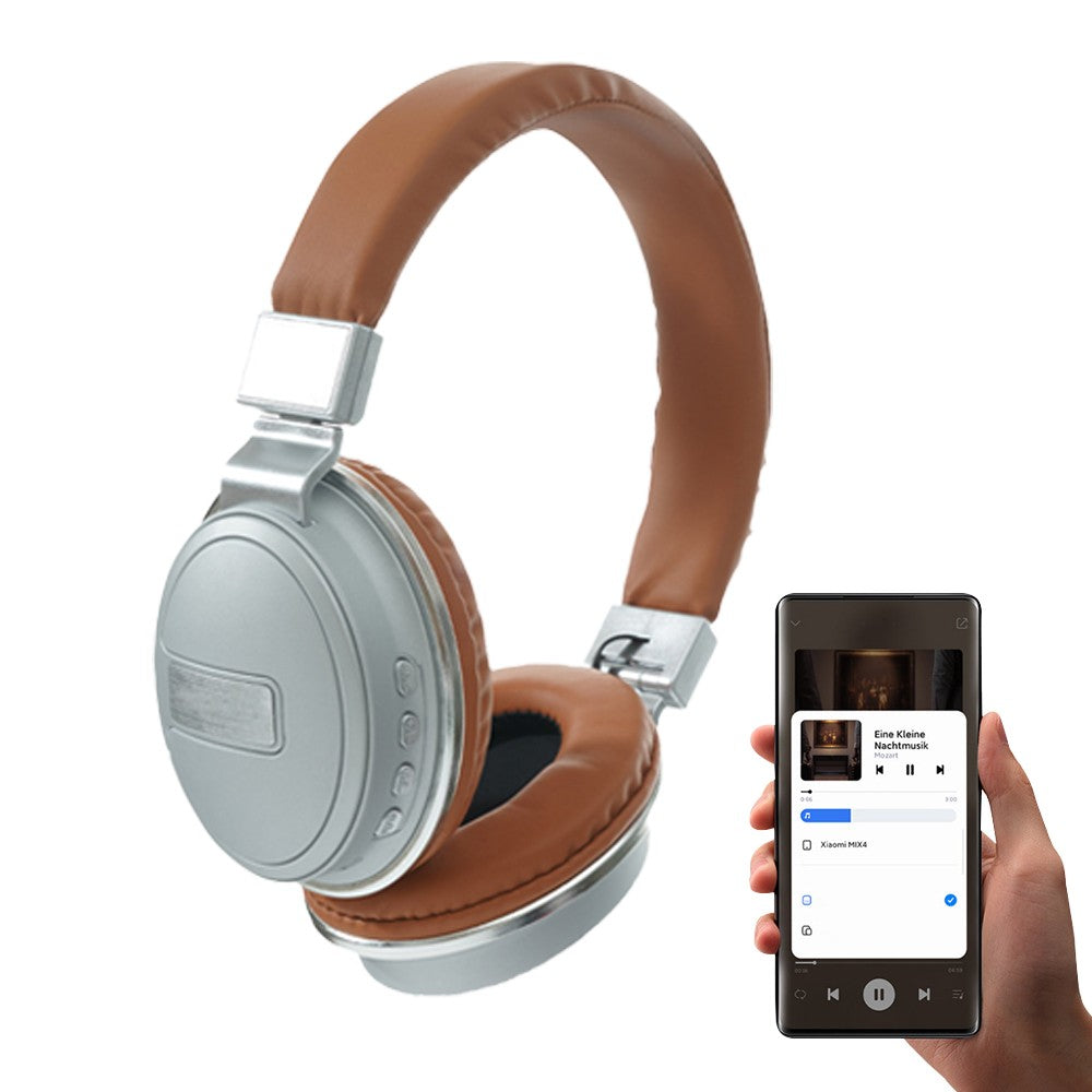 Bluetooth 5.0 Headset Wireless Earphones Rechargeable Headphones with Mic Brown