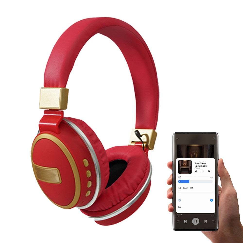 Bluetooth 5.0 Headset Wireless Earphones Rechargeable Headphones with Mic Red