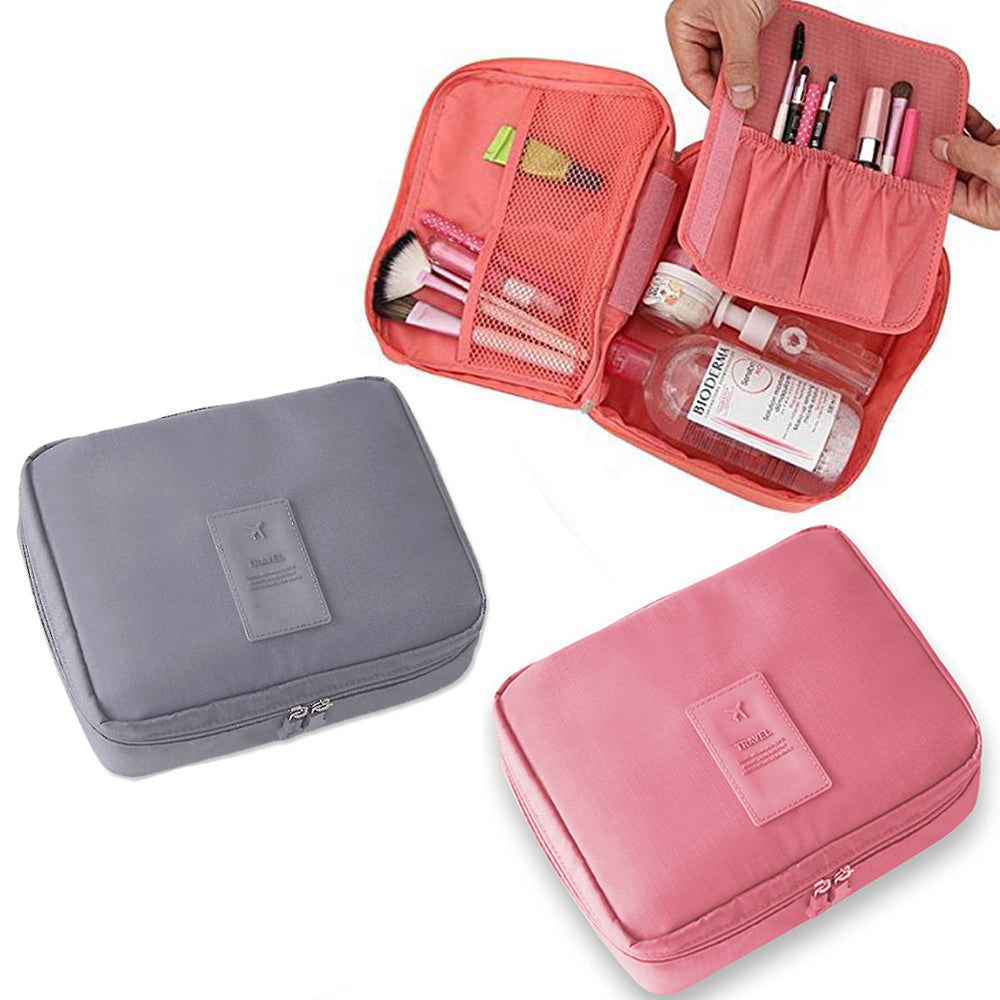Travel Toiletry Bag with Makeup Brush Organizer Pouch Cosmetic Storage Makeup Bag Pink Grey