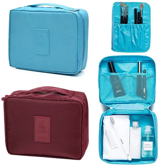 Travel Toiletry Bag with Makeup Brush Organizer Pouch Cosmetic Storage Makeup Bag Sky Blue Wine Red