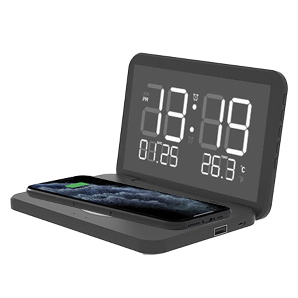 Wireless Fast Charger Charging Station Digital Alarm Clock Mirror Clock Black