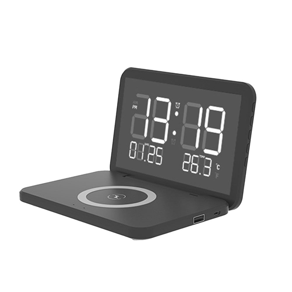 Wireless Fast Charger Charging Station Digital Alarm Clock Mirror Clock Black