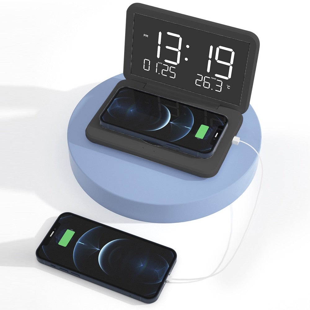 Wireless Fast Charger Charging Station Digital Alarm Clock Mirror Clock Black