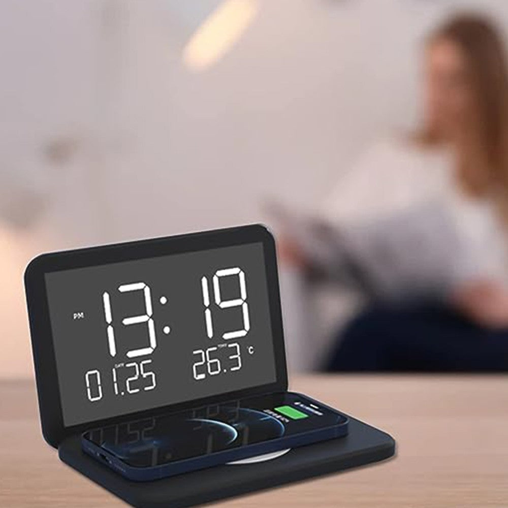 Wireless Fast Charger Charging Station Digital Alarm Clock Mirror Clock Black