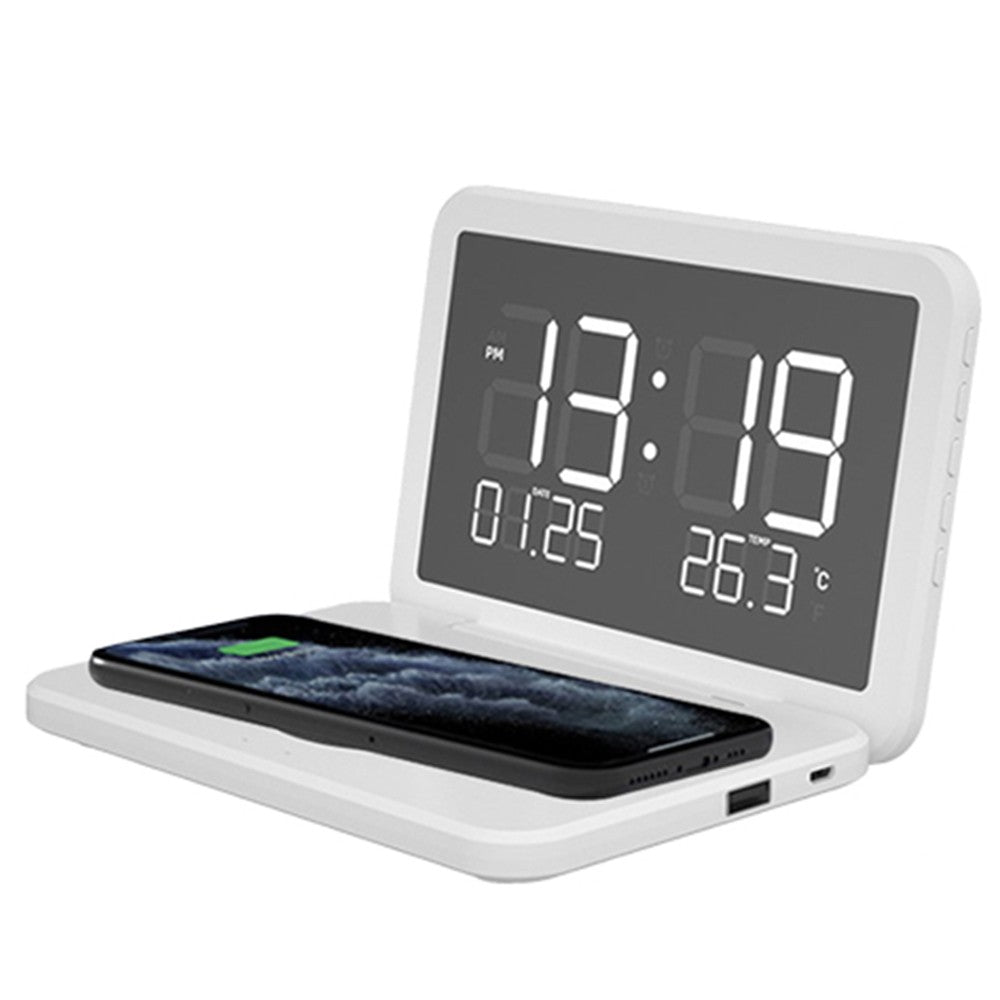 Wireless Fast Charger Charging Station Digital Alarm Clock Mirror Clock White
