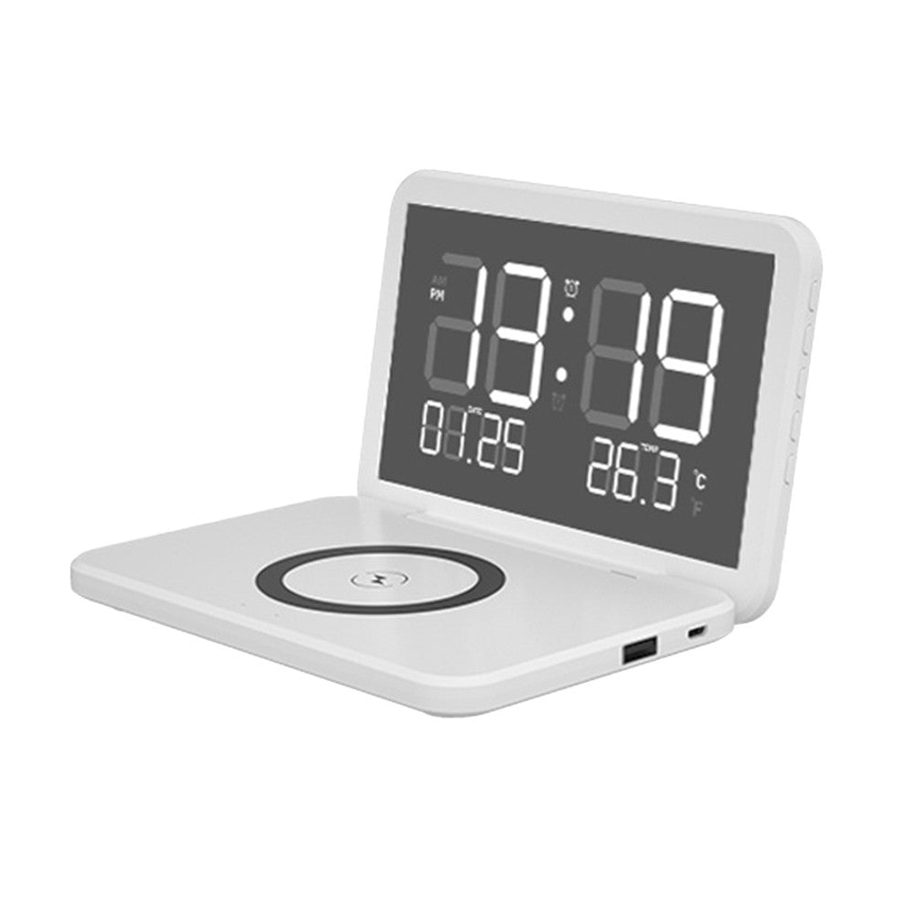 Wireless Fast Charger Charging Station Digital Alarm Clock Mirror Clock White