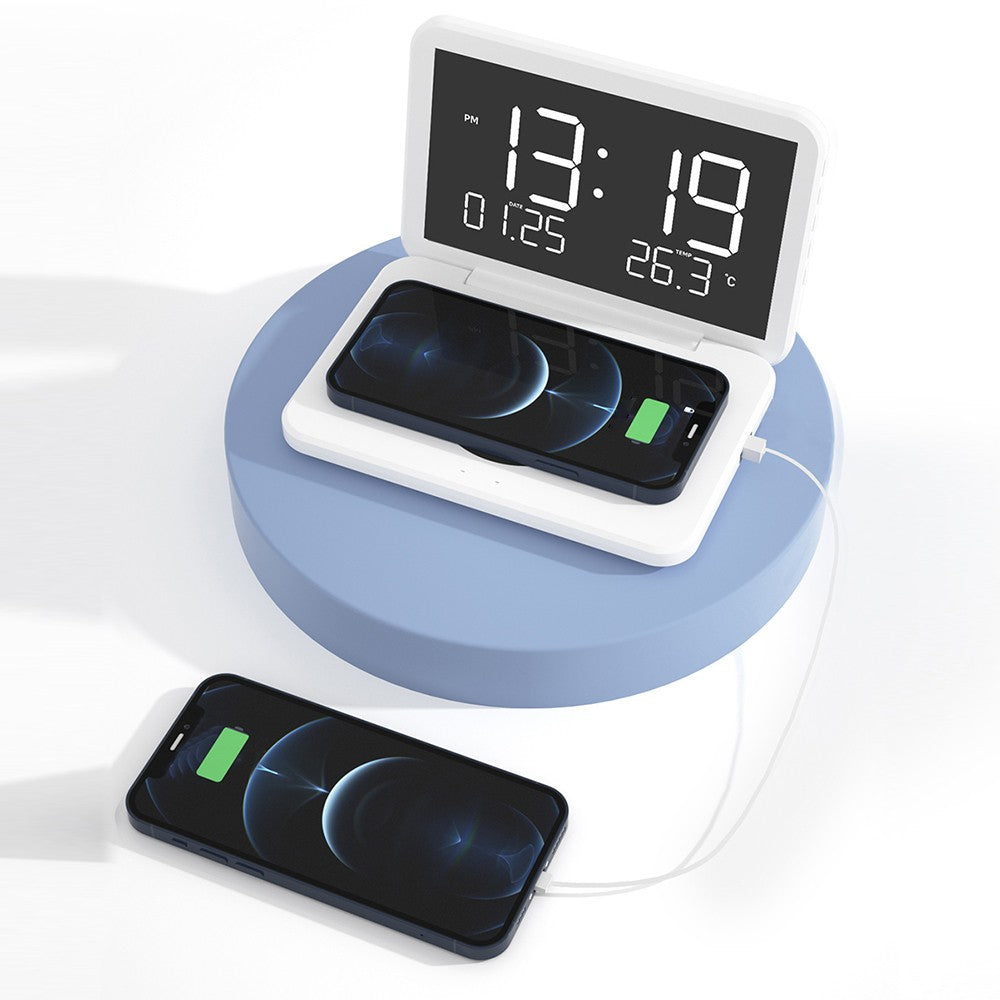 Wireless Fast Charger Charging Station Digital Alarm Clock Mirror Clock White