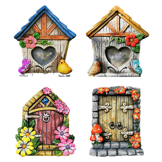 4-Piece Miniature Fairy Door Statue for Tree Wooden Garden Ornaments Set 1