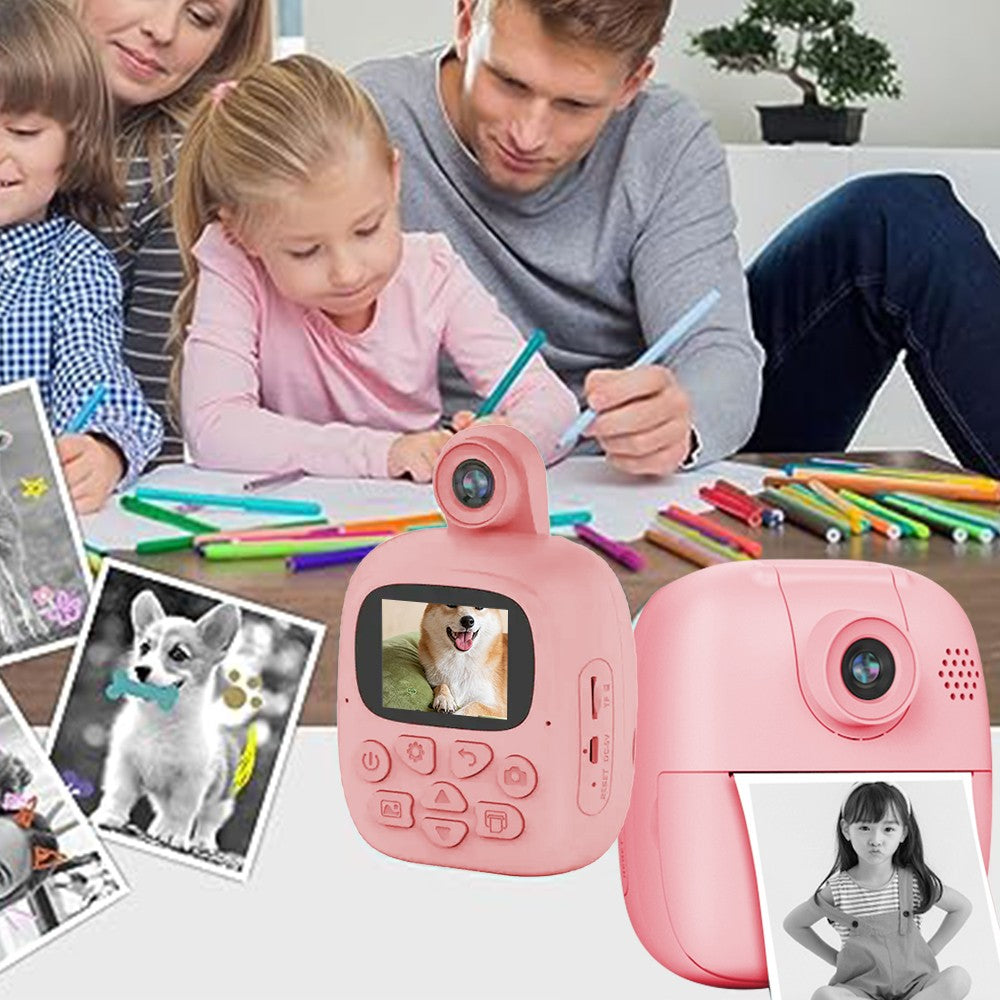 Kids Instant Print Camera Single Lens Childrens Selfie Video Camera with Lanyard Pink