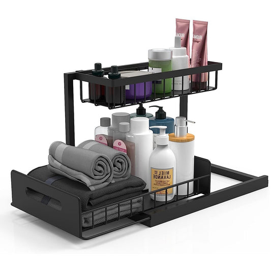 2-Tier Under Sink Organizer Pull Out Cabinet Organizer Metal Storage Rack Black