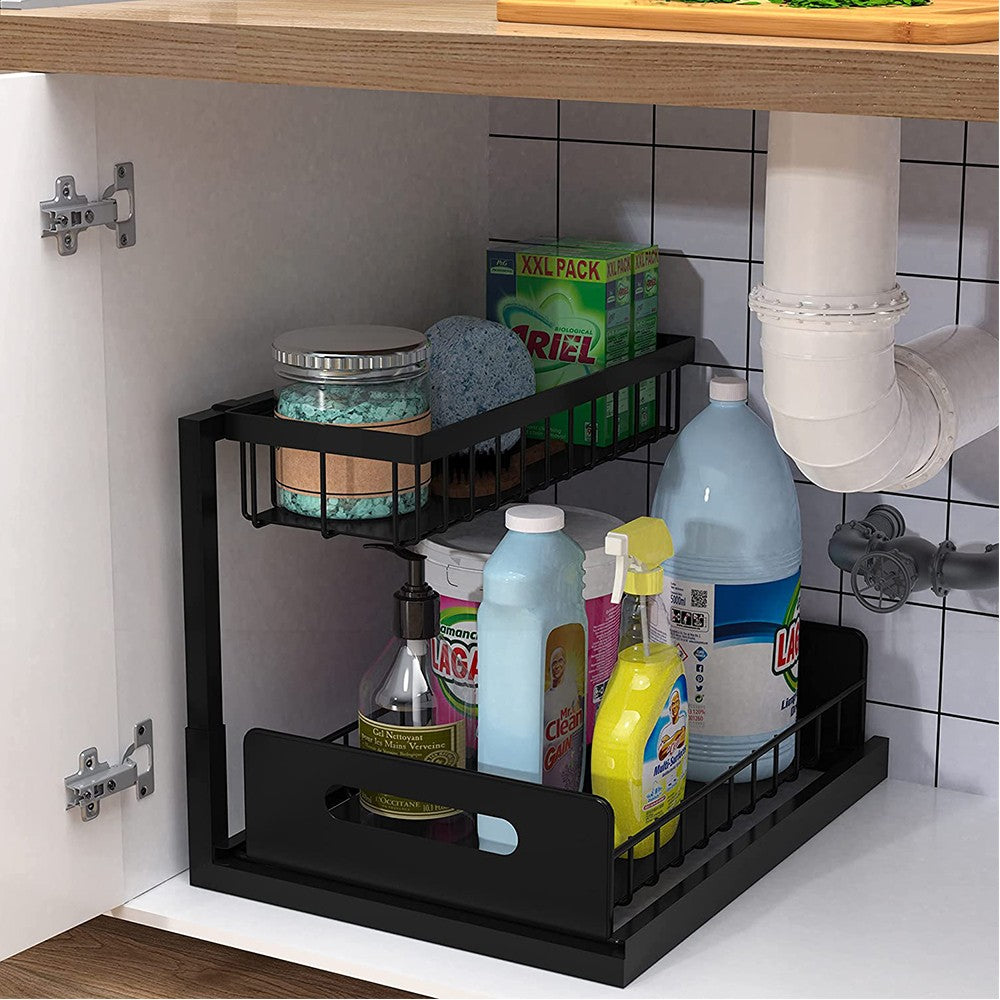 2-Tier Under Sink Organizer Pull Out Cabinet Organizer Metal Storage Rack Black