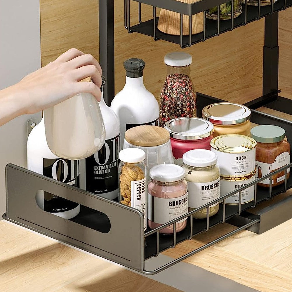 2-Tier Under Sink Organizer Pull Out Cabinet Organizer Metal Storage Rack Black
