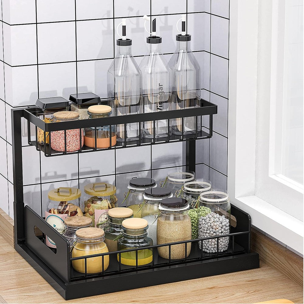 2-Tier Under Sink Organizer Pull Out Cabinet Organizer Metal Storage Rack Black