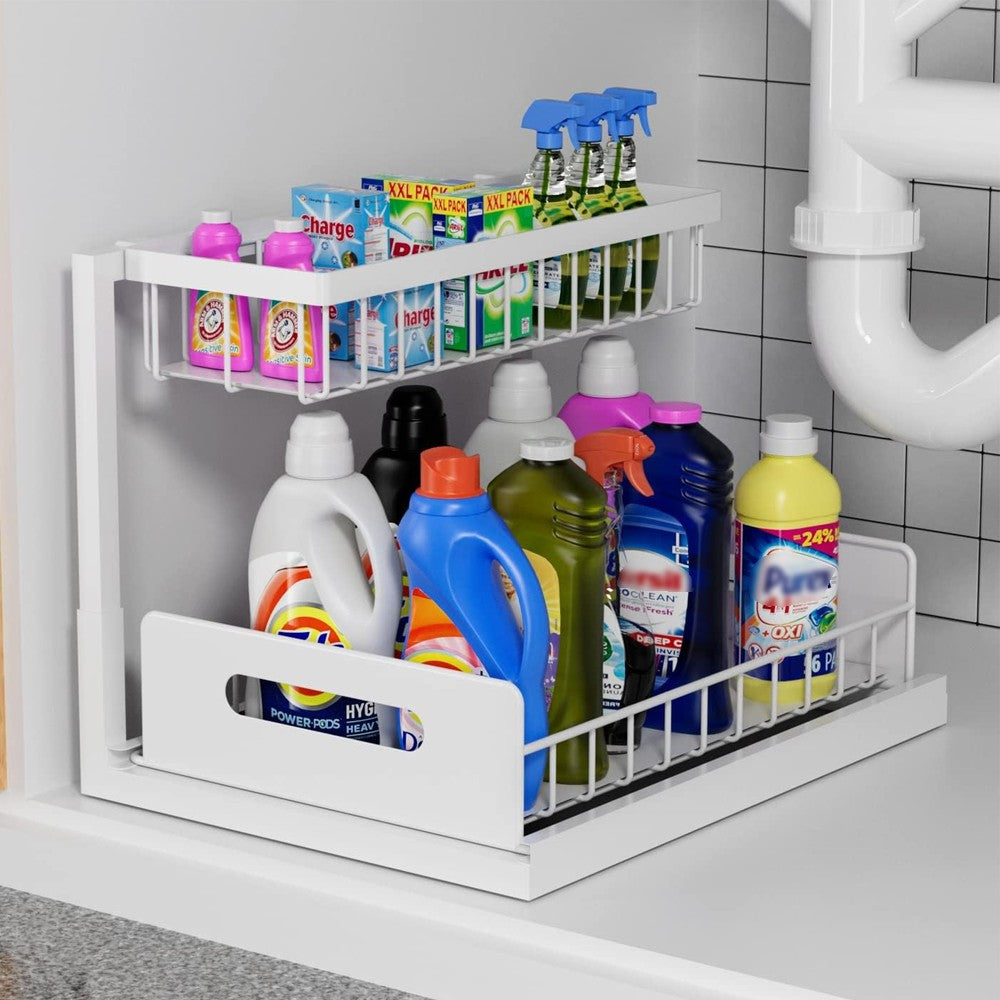 2-Tier Under Sink Organizer Pull Out Cabinet Organizer Metal Storage Rack White