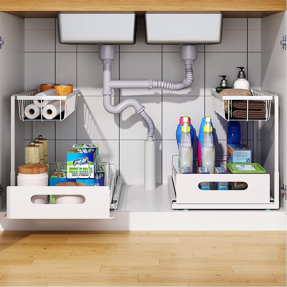 2-Tier Under Sink Organizer Pull Out Cabinet Organizer Metal Storage Rack White