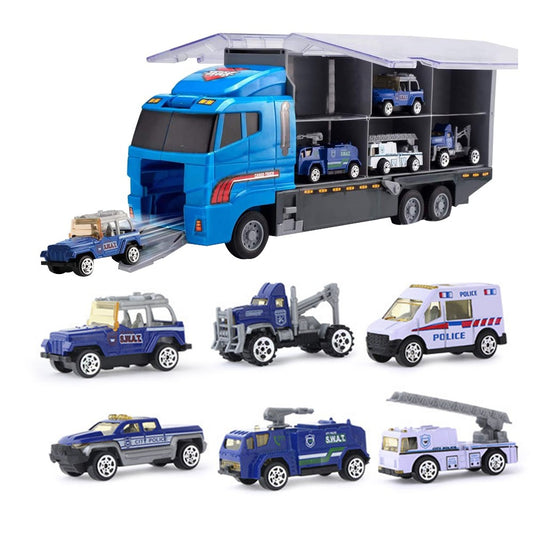 Kids Carrier Truck and 6 Mini Vehicle Toy Set Car Toy - Police Truck Set